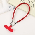 Close-up of bright red PU leather braided phone wrist strap with silver spring ring - Dark Red