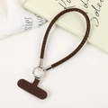 Detail of dark brown braided PU leather phone wrist strap with silver metal ring buckle - Dark Coffee