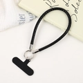 Detail of black textured PU leather braided phone lanyard with silver metal ring buckle - Black