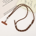 Macro shot of brown and white braided phone lanyard with silver metal hook and leather patch - Crossbody Chain / Coffee (K5524)