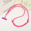 Close-up of pink braided phone lanyard with silver metal carabiner and connecting pad - Crossbody Chain / Rose Red (K5531)