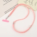 Detailed view of pink woven phone lanyard with silver metal clasp and T-shaped connector - Crossbody Chain / Korean Pink (K5533)