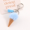 Detail of ice cream keychain with blue faux fur ball, tassel and waffle cone base - Blue
