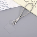 Detail view of luxury sparkling rhinestone phone wrist strap with silver metal ring - White