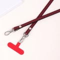 Crossbody phone lanyard in dark red PU leather with brick pattern and silver metal clasp - Wine Red Grid