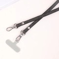 Detail view of woven phone strap with gray Greek Key pattern and silver metal lobster clasps - Dark Gray Meander