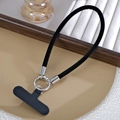 Macro view of a durable black braided phone wrist strap with a silver metal ring buckle - Black