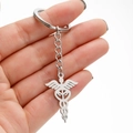 Polished stainless steel caduceus medical symbol keychain with wings and twin snakes - Medical Caduceus Style (055)