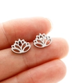 Detailed close-up of hollow lotus flower stud earrings in silver stainless steel - 306 Hollow Lotus Style / Steel