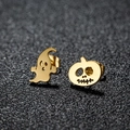 Asymmetrische gouden roestvrijstalen oorknopjes met Halloween pompoen- en spookmotieven - Spook Pompoen (156) / Goud