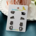 Set di 4 paia di orecchini a perno gatto nero opaco in acciaio inossidabile puro - Silhouette Gatto Minimalista Nero (023 Nero)