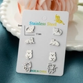 Set di 4 paia di orecchini a lobo a forma di gatto in acciaio inossidabile lucido - Silhouette Gatto Minimalista Argento (023 Colore Acciaio)