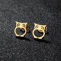 Elegant gold owl stud earrings in stainless steel with hollow carved owl design details - Gold (273)