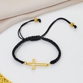Adjustable black braided rope bracelet with a hollow golden cross pendant for women and men - Gold Black Rope