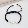 Detail showing the adjustable black braided rope and hollow stainless steel cross charm - Steel Color Black Rope