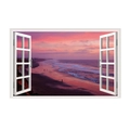 3D window wall decal featuring a realistic beach sunset with pink and purple sky detail - Pink Purple Sunset Beach Style (JC046)