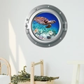 3D-Wandtattoo in Bullaugen-Optik mit Meeresschildkröte und Korallenriff in Ozean-Szene - Tiefblaue Meeresschildkröte Stil (CH-X058) / 35x35cm