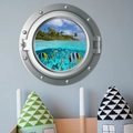 Detail von 3D-Bullauge Wandtattoo mit tropischen Palmen und bunten Fischen im Meer - Tropische Insel & Fischschwarm Stil (CH-X059) / 35x35cm