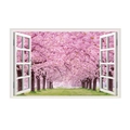 Detail view of 3D fake window wall sticker featuring a blooming pink cherry blossom landscape - Romantic Cherry Blossom Forest (JC049)