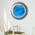 3D porthole wall decal featuring swimming dolphins in deep blue ocean for home decor - Two Dolphins Swimming Style (CH-X062) / 35x35cm
