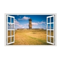 Macro view of 3D fake window wall sticker featuring Easter Island Moai statues scenery - Moai Statue Meadow Blue Sky (JC052)