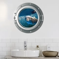 Detailed 3D porthole wall sticker featuring a smiling dolphin and a school of silver fish - Smiling Dolphin & School of Silver Fish Style (CH-X064) / 35x35cm