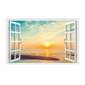 Detailed 3D window wall sticker featuring a serene sunset beach view with white frames - Seaside Sunset Faux Window (JC054)