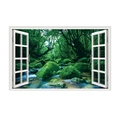 3D wall sticker featuring a realistic forest creek view through a white window frame - Vivid Forest Stream Landscape (JC059)