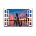 3D wall sticker window view showing calm lake sunset and wooden pillars scenery - Serene Lake Sunset Landscape (JC061)