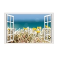 3D wall sticker detail showing yellow flowers on a beach with white faux window frame - Seaside Yellow Flowers Seascape (JC063)