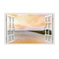 3D wall sticker detail showing an open white window frame with sunset beach view - Beach Sunset Symmetrical Landscape (JC064)