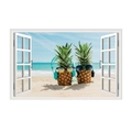 Detail of 3D window wall sticker showing cool pineapples with sunglasses on a sunny beach - Fun Pineapple Beach Summer Style (JC065)