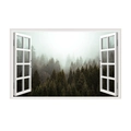 Detail of 3D window wall sticker showing a misty evergreen forest through white frames - Misty Coniferous Forest Landscape (JC066)