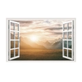 Macro view of 3D fake window wall sticker featuring a sunrise over snowy mountains - Sunrise Snowy Mountain Clouds Landscape (JC068)