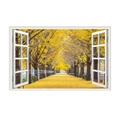 3D wall sticker featuring a faux window view of a golden ginkgo forest landscape - Golden Ginkgo Avenue Landscape (JC070)