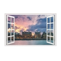 Detailed 3D creative faux window wall sticker showing London Thames river sunset view - London Riverside Dusk Landscape (JC073)