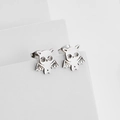 Minimalist silver bat cat stud earrings for Halloween theme on white geometric stand - Steel