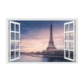 3D faux window wall sticker featuring the Eiffel Tower and Seine River at sunset - Eiffel Tower Seine River Twilight (JC076)