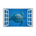 Detailed 3D sea turtle wall sticker with white window frame view for home decor - Deep Sea Swimming Turtle Landscape (JC077)
