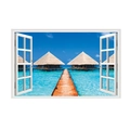 Detail of 3D window wall sticker featuring tropical island beach and wooden pier view - Tropical Sea Wooden Plank Path (JC082)