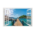 Detailed 3D tropical beach window wall sticker with pier view and turquoise water - Dock Seascape Wooden Pier (JC083)
