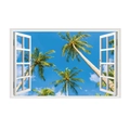 Detail of 3D window wall sticker showing tropical beach with coconut trees and blue sky - Coconut Palms Blue Sky Clouds Island (JC084)