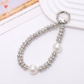 Élégante chaîne de téléphone avec perles argentées, strass AB étincelants et perles blanches - Anneau Blanc Avec 2 Perles Artificielles (K2114)