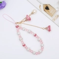 Bijou de téléphone en perles de cristal rose avec fleurs en tissu et perles blanches - Chaîne de Téléphone Style Bracelet Fleur de Cristal / Rose