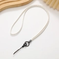 Close-up of white braided leather phone wrist strap with dark grey metal hardware - Neck Style (K6179) / White