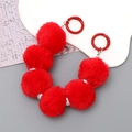 Red plush ball phone wrist strap with white beads and red metal spring buckles - Red Style (K2848)