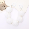 White plush fur pom-pom strap with pearl bead accents and white circular clip hooks - White Style (K2532)