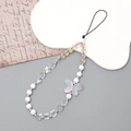 Handmade beaded phone strap with matte white beads and iridescent butterfly pendant charms - AB Butterfly Beaded (K2806)