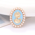 Detailed macro view of vintage oval relief cameo with pearls and blue enamel background - Light Blue Lady Portrait