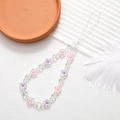 Detail of beaded phone strap with transparent rounds and pink purple flower beads - Phone Chain / Transparent Flower Strap (K2943)